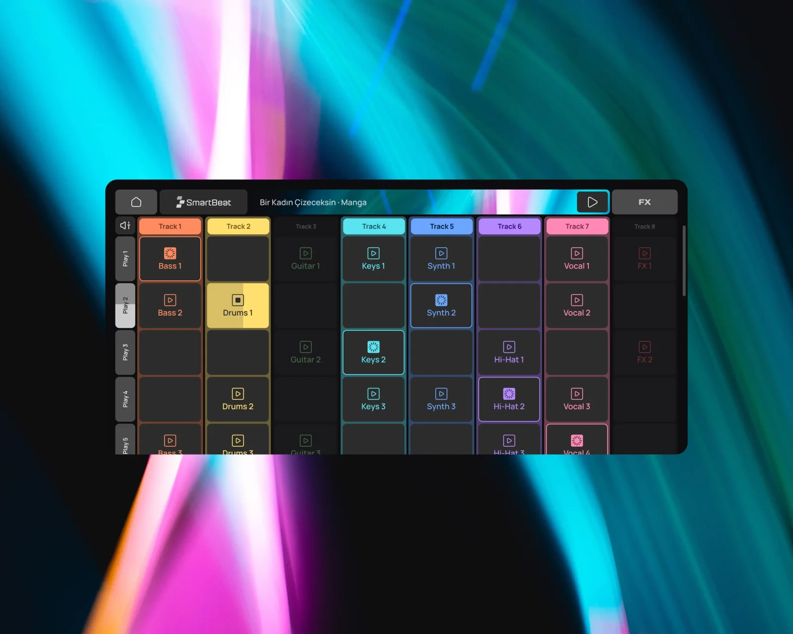 SmartBeat’s colourful grid of music tracks and launch pads, product visual by Neva XR