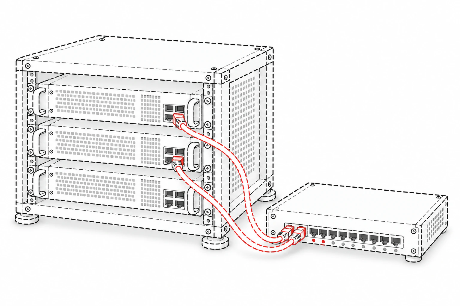 Dashed-line illustration of a compact server rack and network switch with neatly connected cables.
