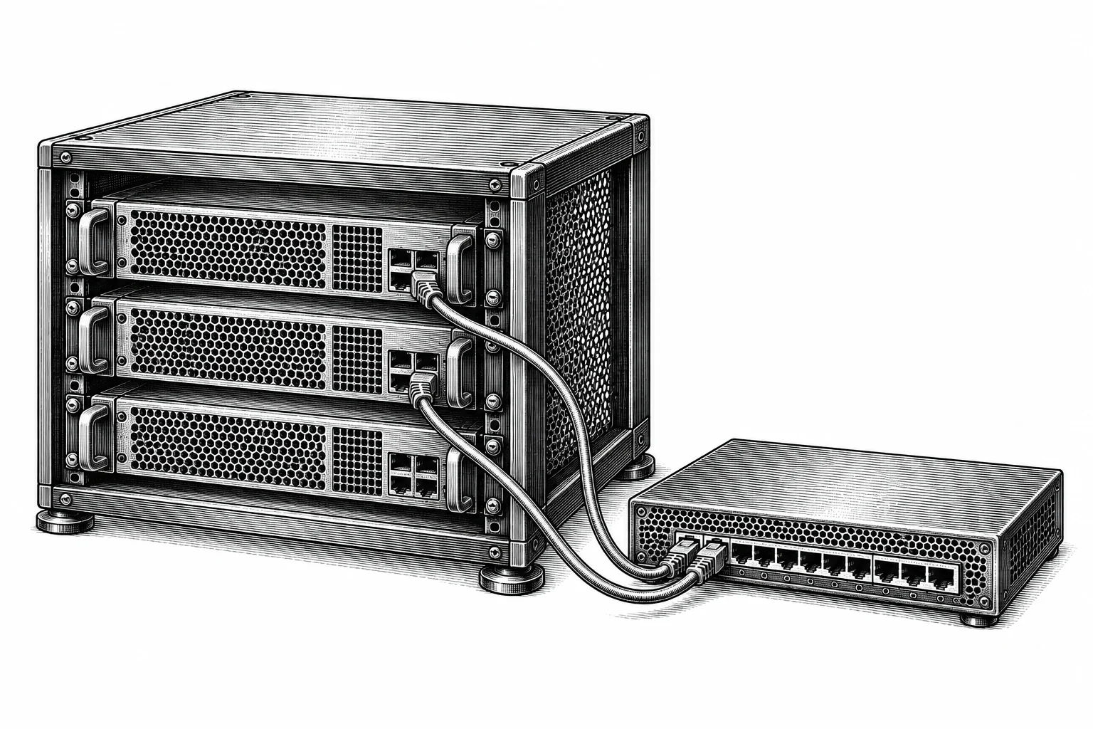 Engraving of a compact server rack and network switch with neatly connected cables.