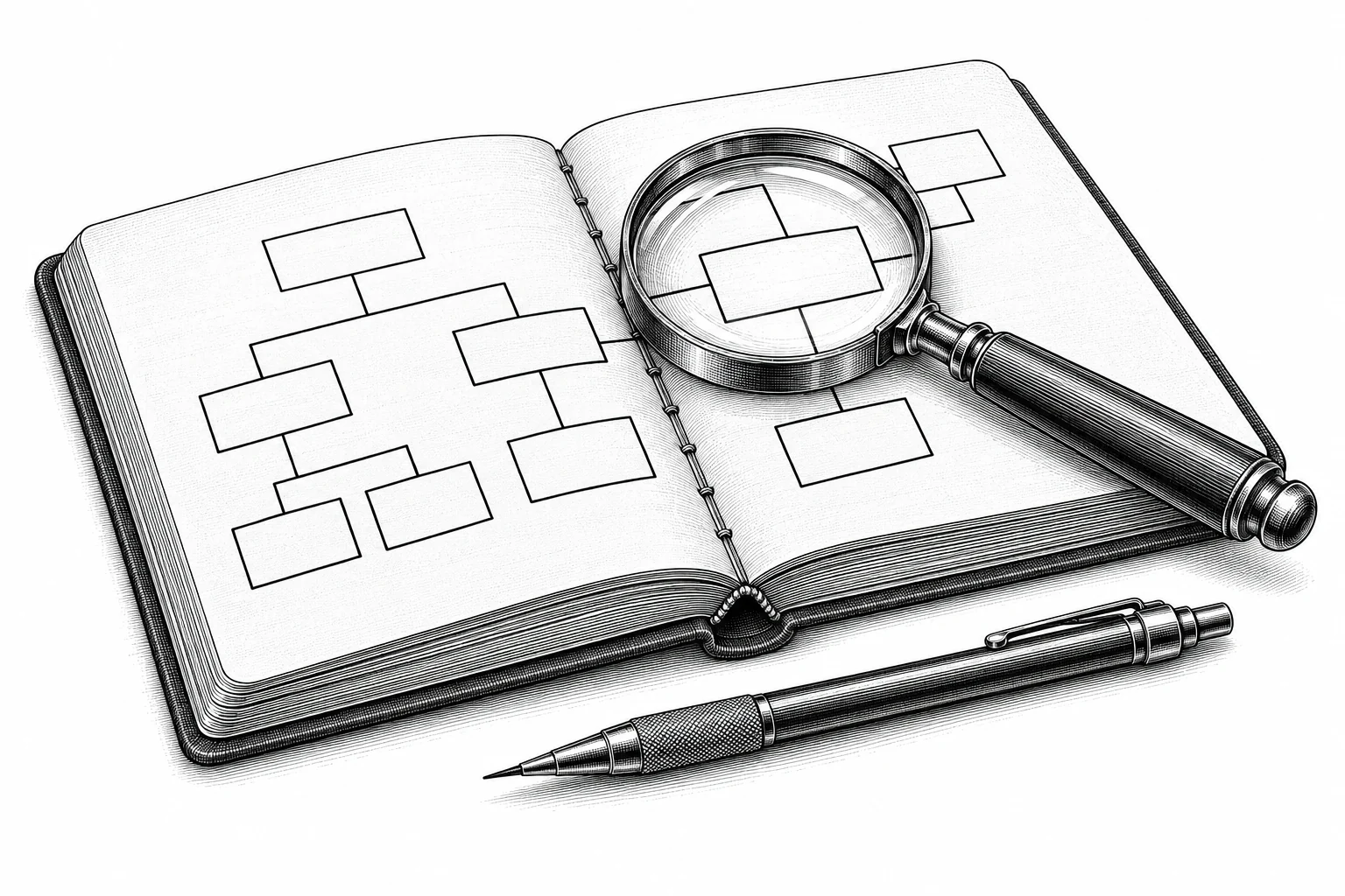 Engraving of a magnifying glass examining a project flow diagram in an open notebook.