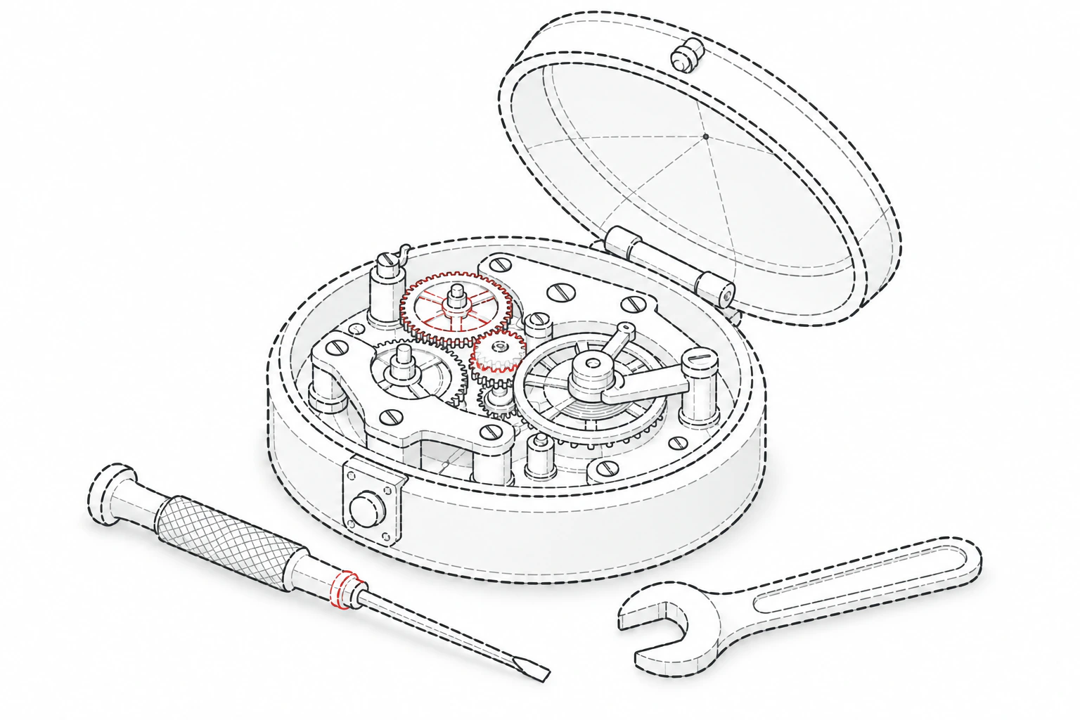 Dashed-line illustration of an open precision mechanism with tools arranged beside it for maintenance.