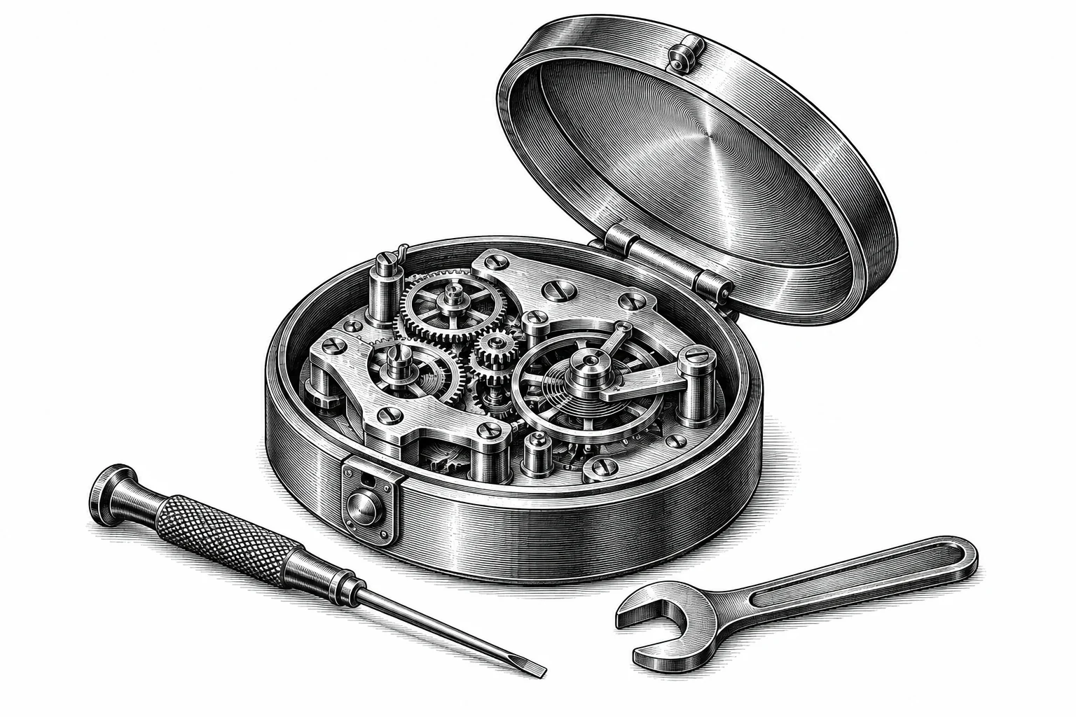 Engraving of an open precision mechanism with tools arranged beside it for maintenance.