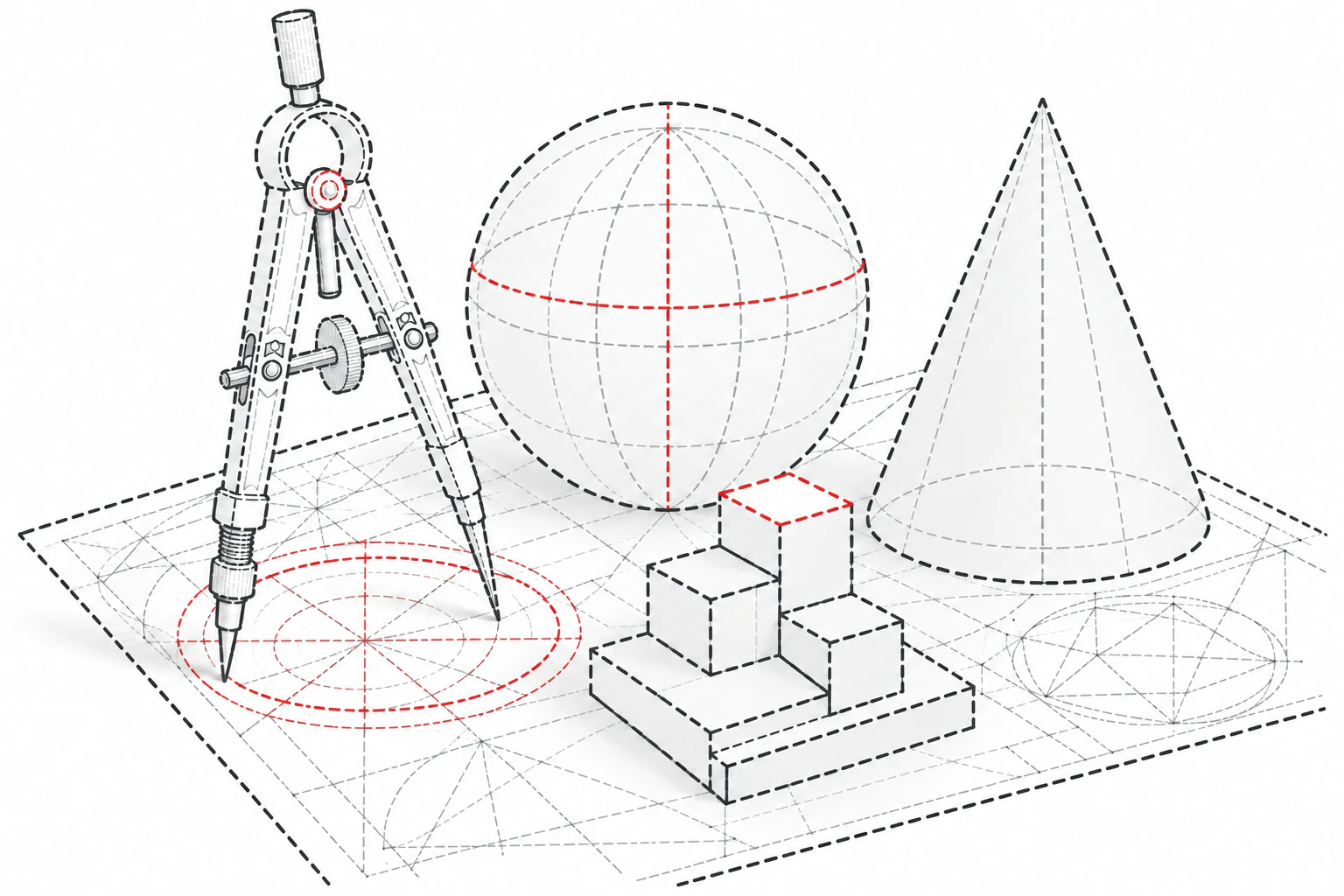 Dashed-line illustration of drafting instruments and geometric models arranged on a technical drawing.