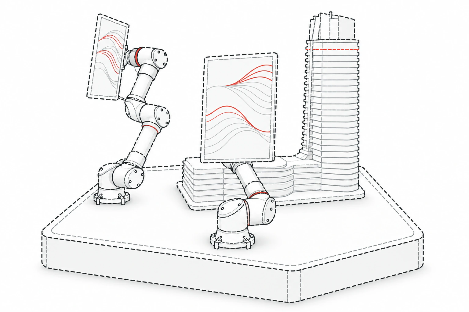 Dashed-line illustration of articulated touchscreen arms surrounding an architectural tower model