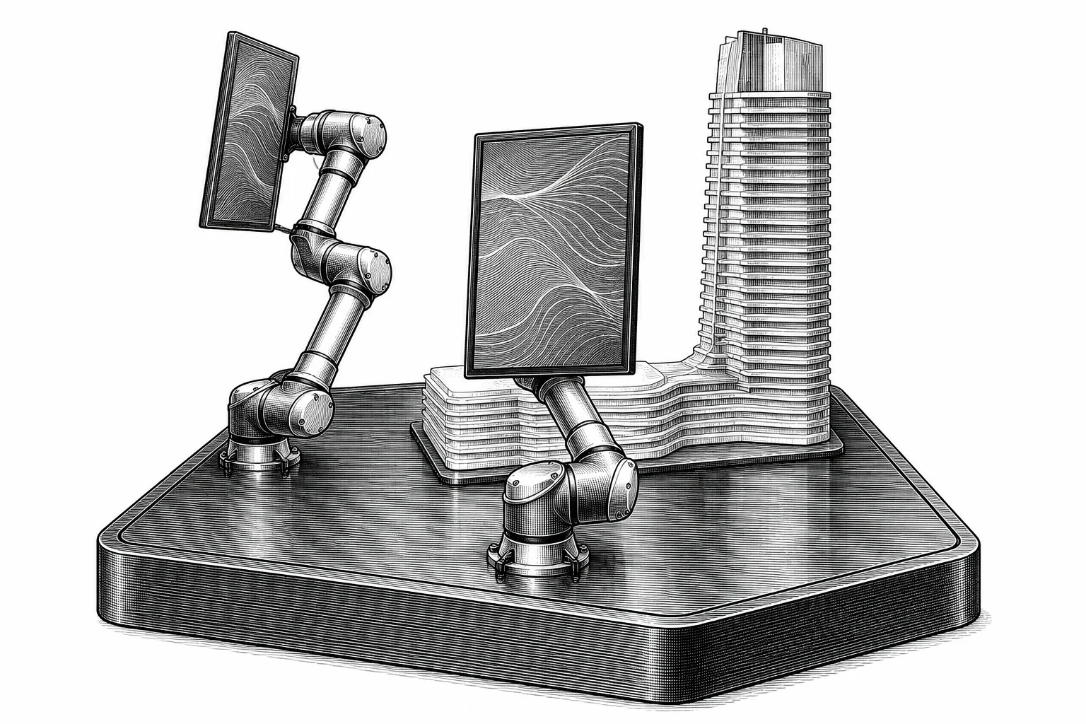 Engraving of articulated touchscreen arms surrounding an architectural tower model