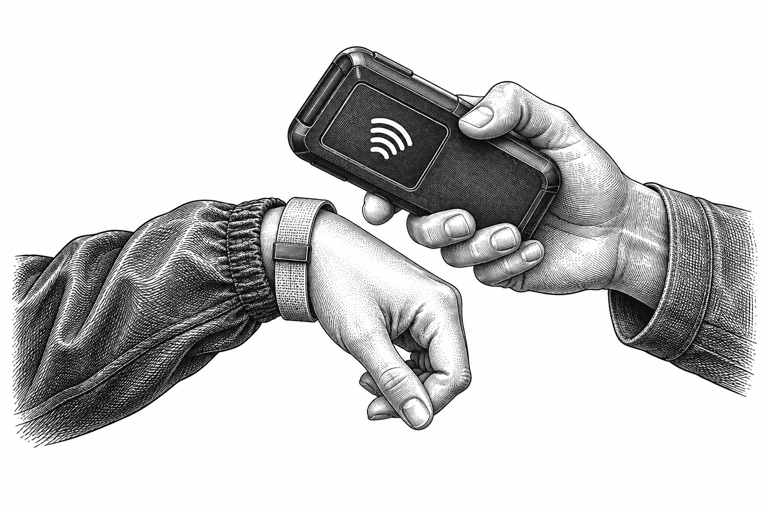 Engraving of a contactless payment reader held near an RFID wristband